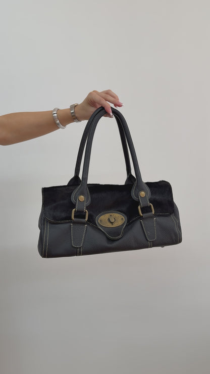 Leather Shoulder Bag w/ Cowhide Front Flap