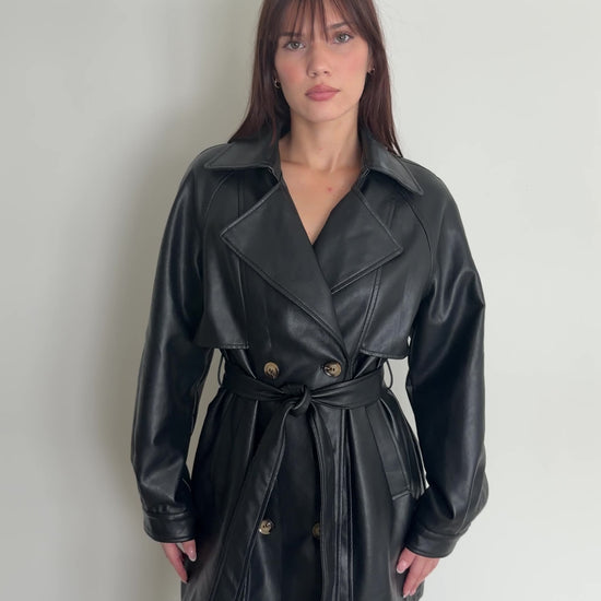 video of faux leather trench coat