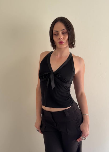 Black Satin Bow Halter Top